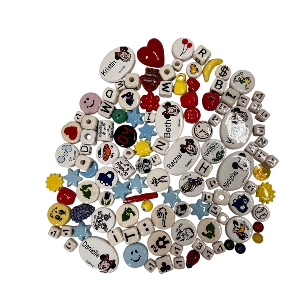 DISNEY Ceramic Beads Mickey Minnie Characters Names Craft Jewelry Mixed Lot